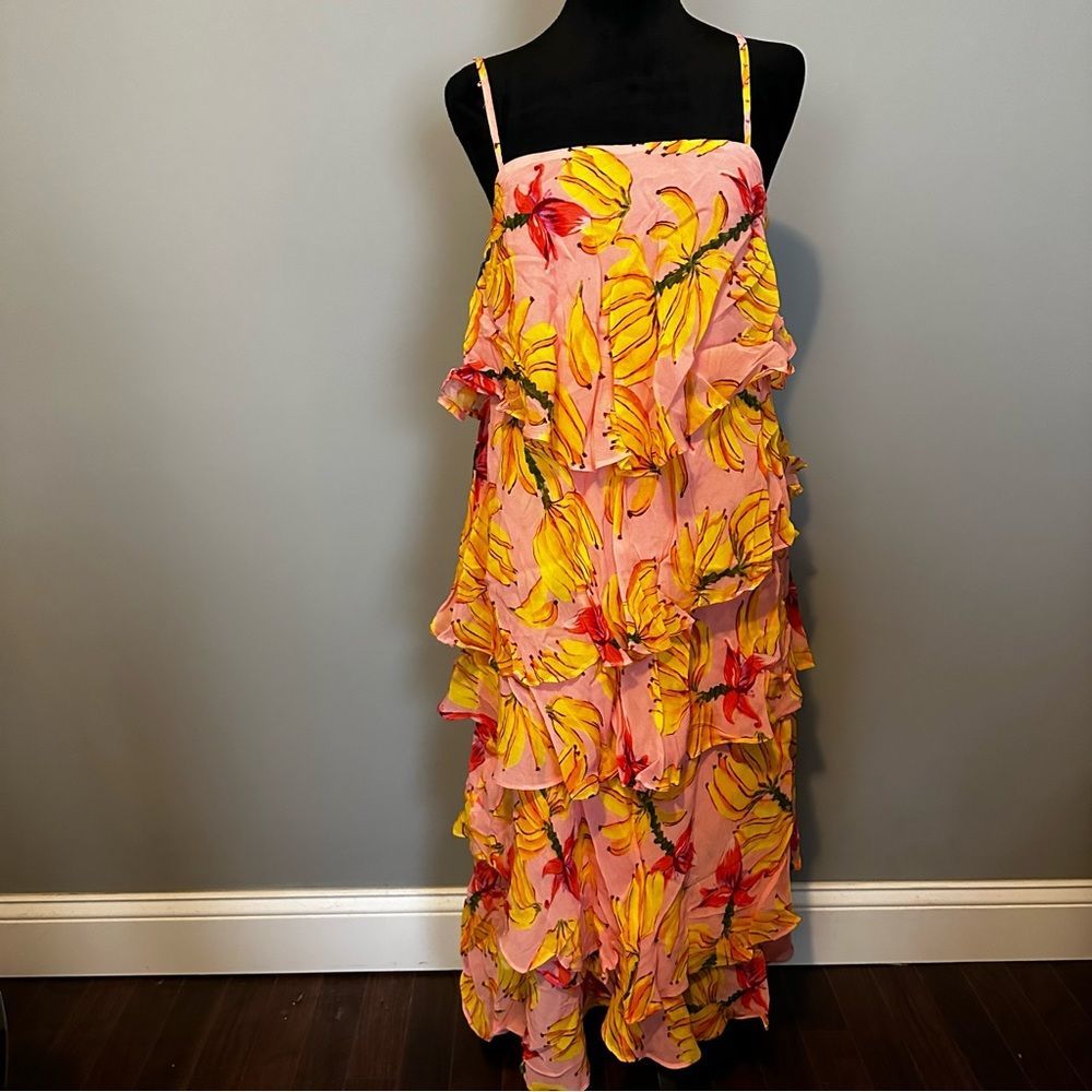 NWT Farm Rio Banana Taste Tiered Irregular Pink Sleeveless Midi Dress Ru… - Picture 12 of 12